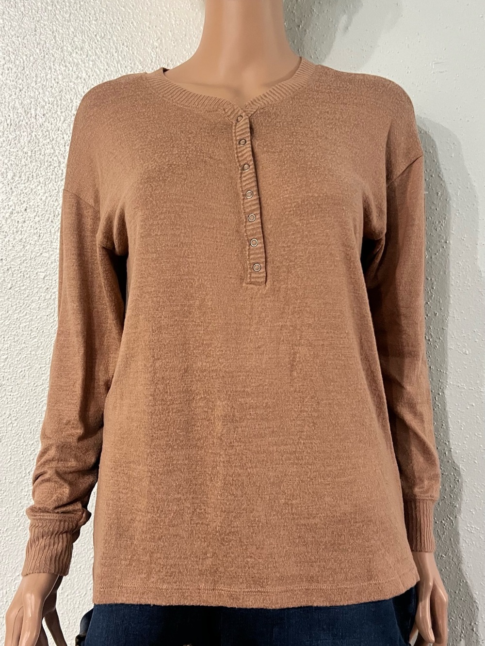 Abercrombie & Fitch Long Sleeve Henley Top in Warm Brown
